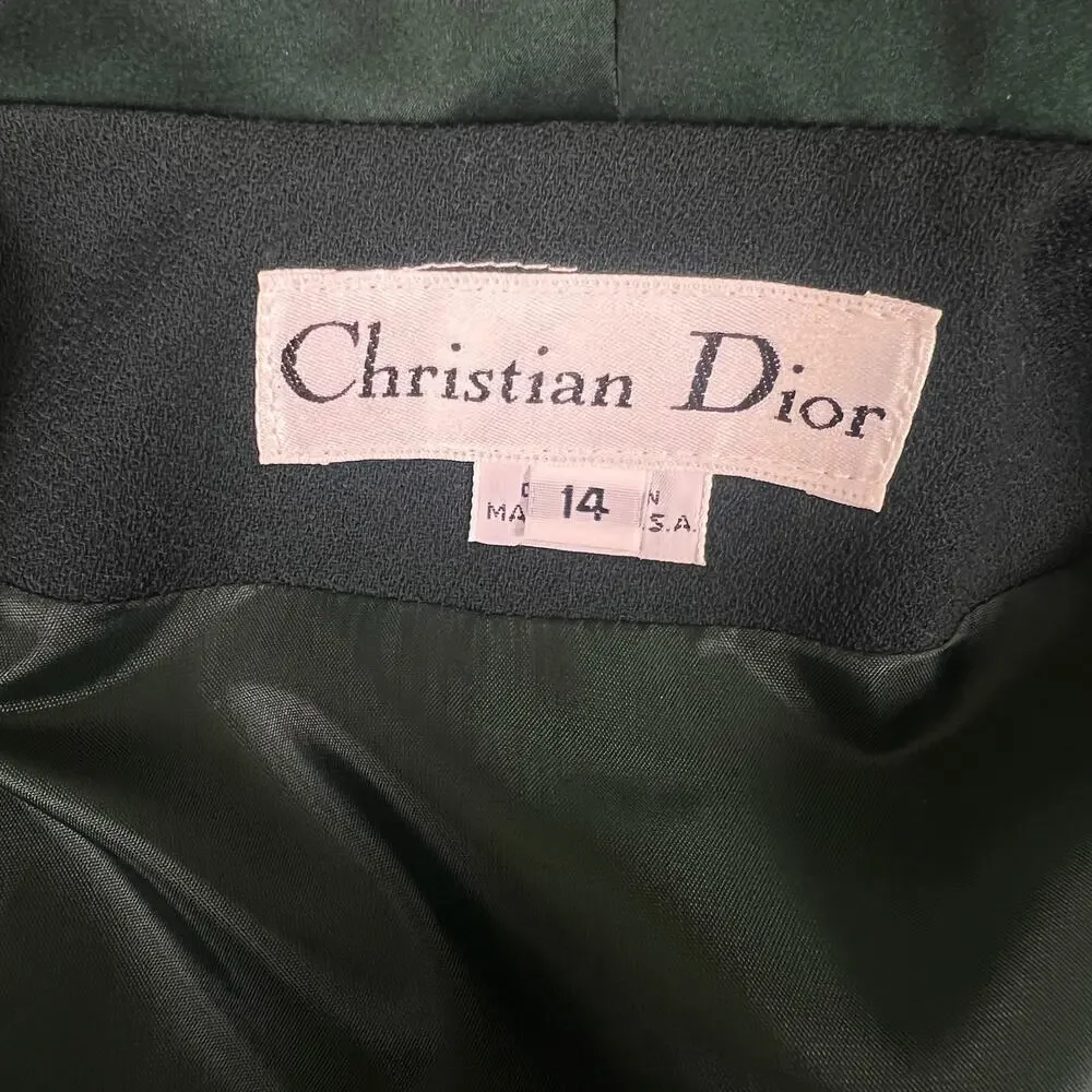 Vintage Christian Dior Skirt Suit Wool Green Blazer Skirt 2 Piece 80s 90s USA